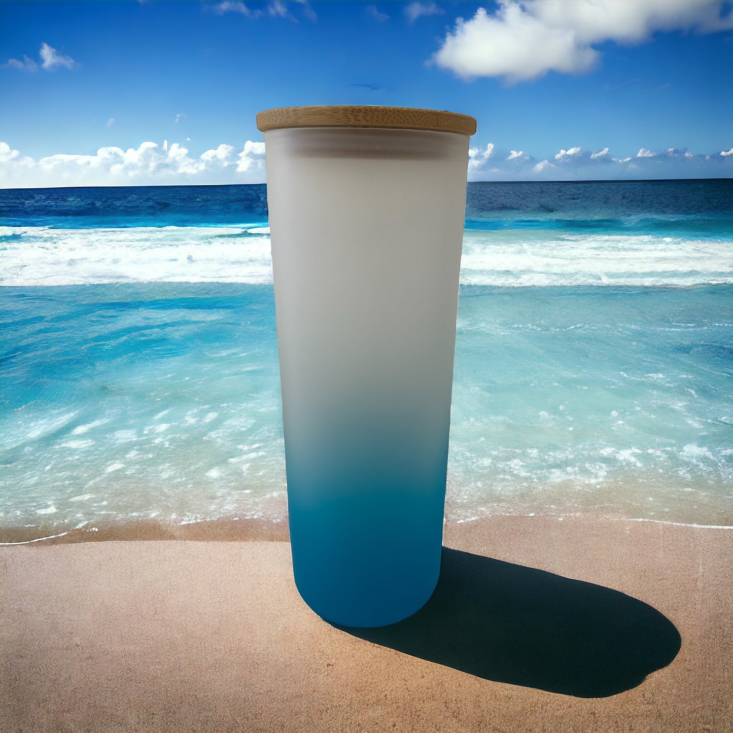 25 0z frosted glass tumbler with Bamboo lid and straw