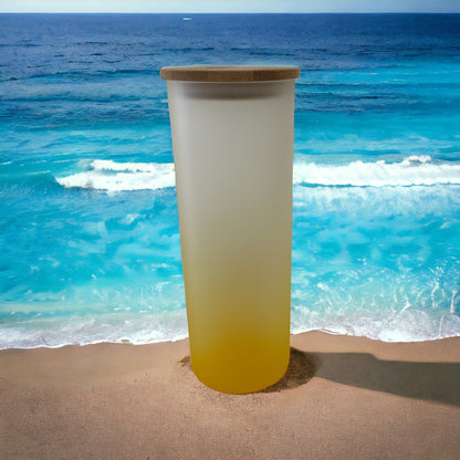 25 0z frosted glass tumbler with Bamboo lid and straw