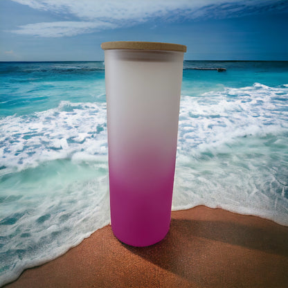 25 0z frosted glass tumbler with Bamboo lid and straw